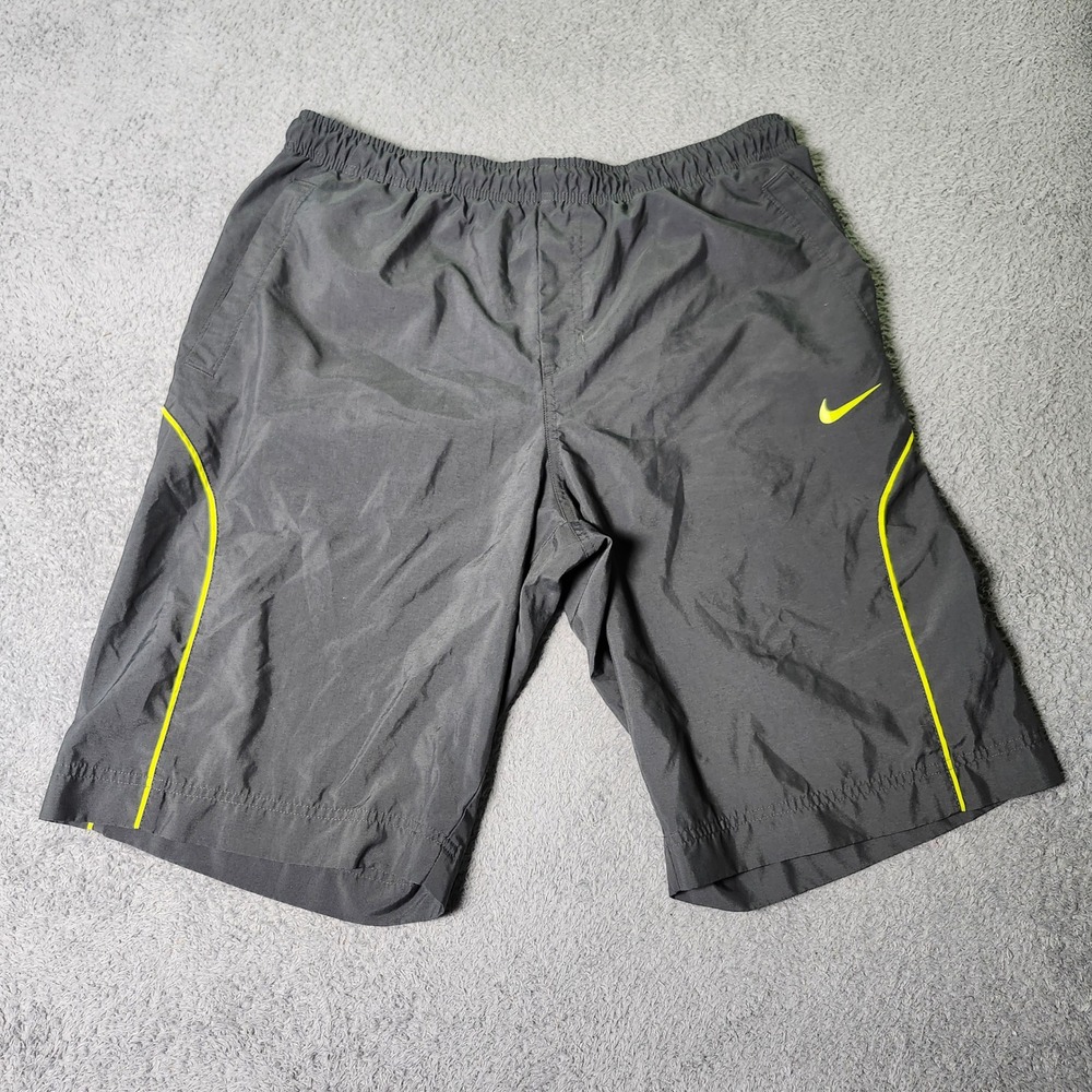 Nike Mens L Athletic Shorts Gray Neon Yellow Piping Mesh Lined Pockets VTG Y2K